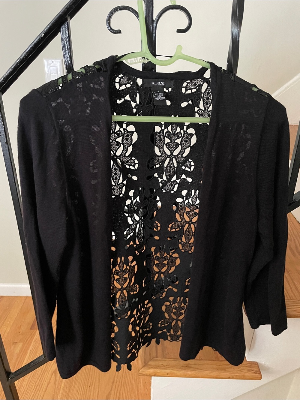 Alfani Black Open-Front Cardigan with Floral Lace Back